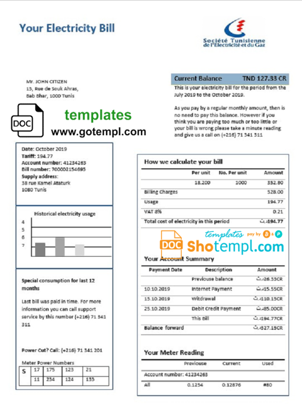 editable template, Tunisia electricity proof of address utility bill template in Word and PDF format