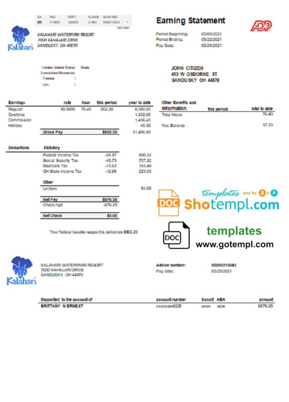 editable template, USA Ohio Kalahari Waterpark Resort utility bill template in Word and PDF format