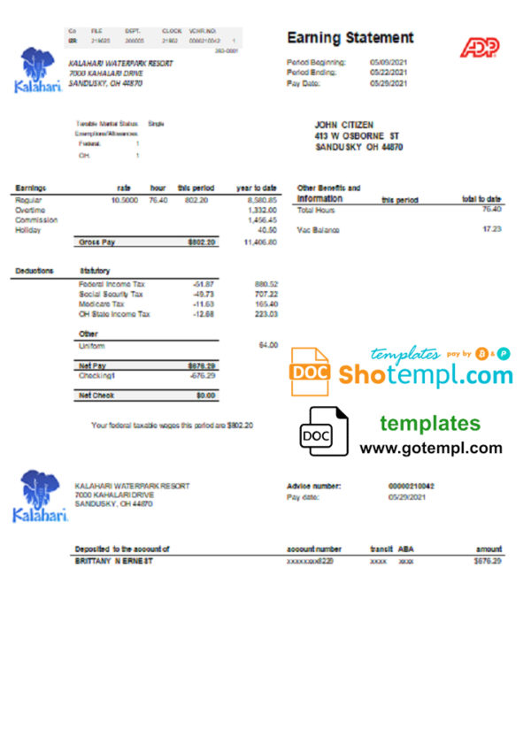 editable template, USA Ohio Kalahari Waterpark Resort utility bill template in Word and PDF format