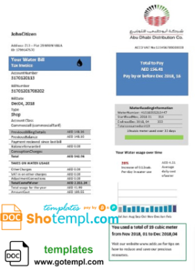 editable template, United Arab Emirates Abu Dhabi Distribution water utility bill template in Word and PDF format