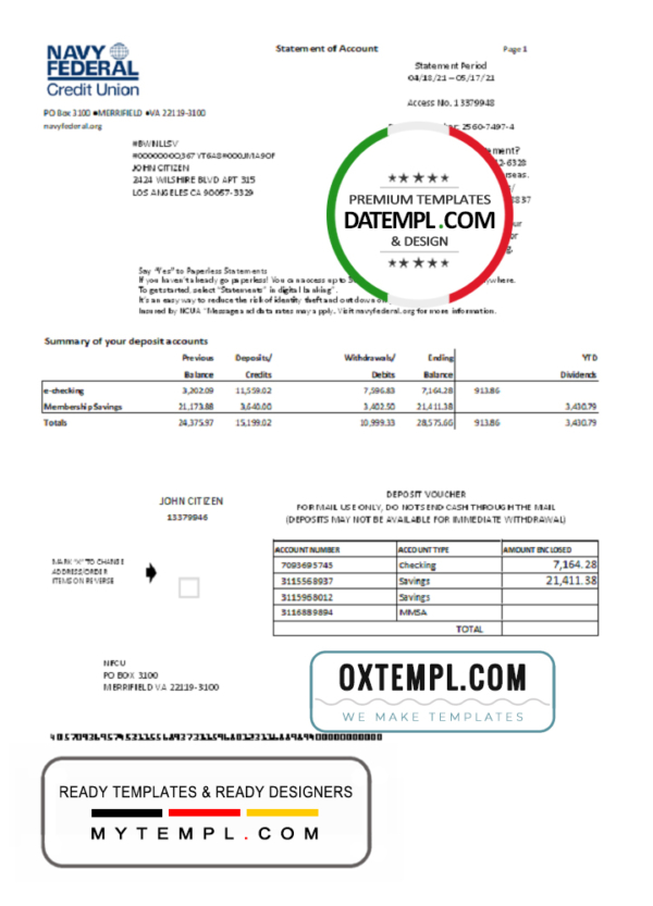 editable template, USA Navy Federal Union bank proof of address statement template in Word and PDF format