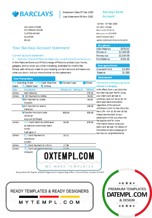 editable template, United Kingdom Barclays bank account statement template in Word and PDF format, version 1