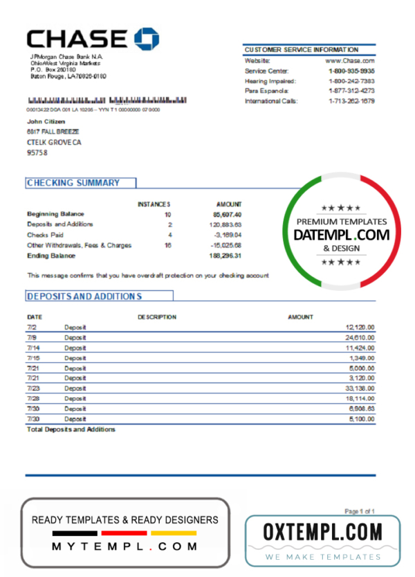 editable template, USA JP Morgan Chase bank proof of address statement template in Word and PDF format, .doc and .pdf format