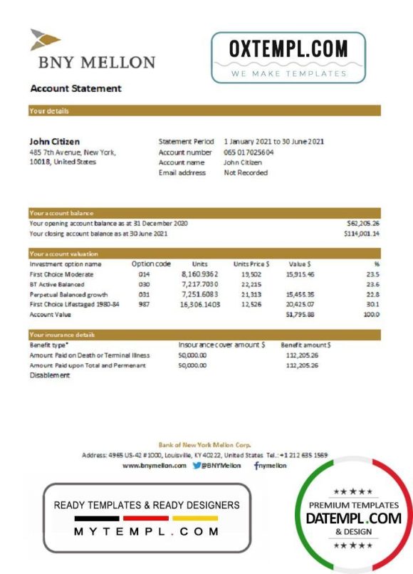 editable template, USA Bank of New York Mellon proof of address bank statement template in Word and PDF format (.doc and .pdf)
