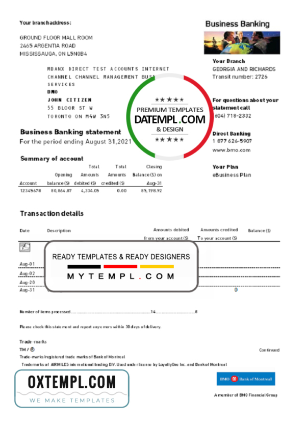 editable template, USA BMO Bank of Montreal bank proof of address statement template in Word and PDF format