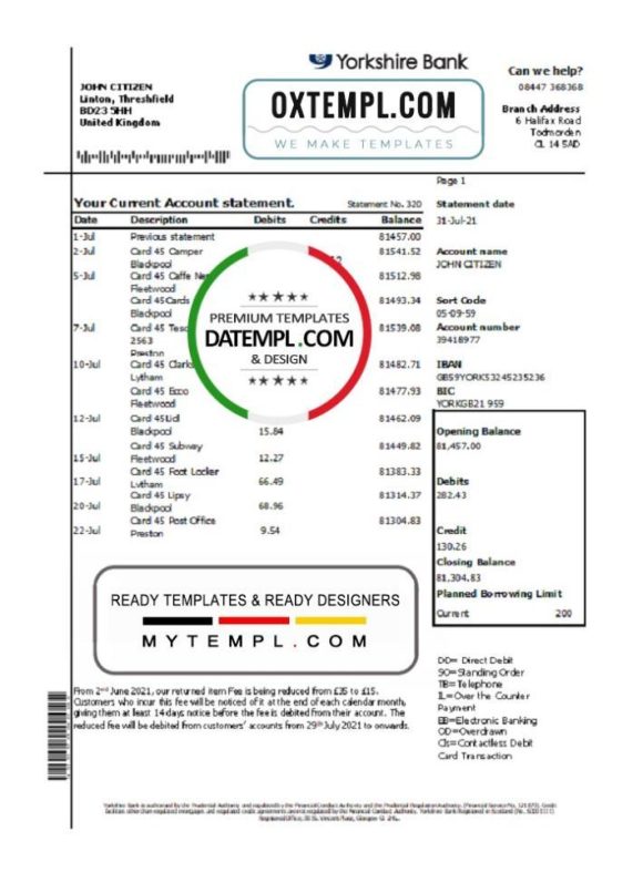 editable template, United Kingdom Yorkshire Bank statement template in Word and PDF format, good for address prove