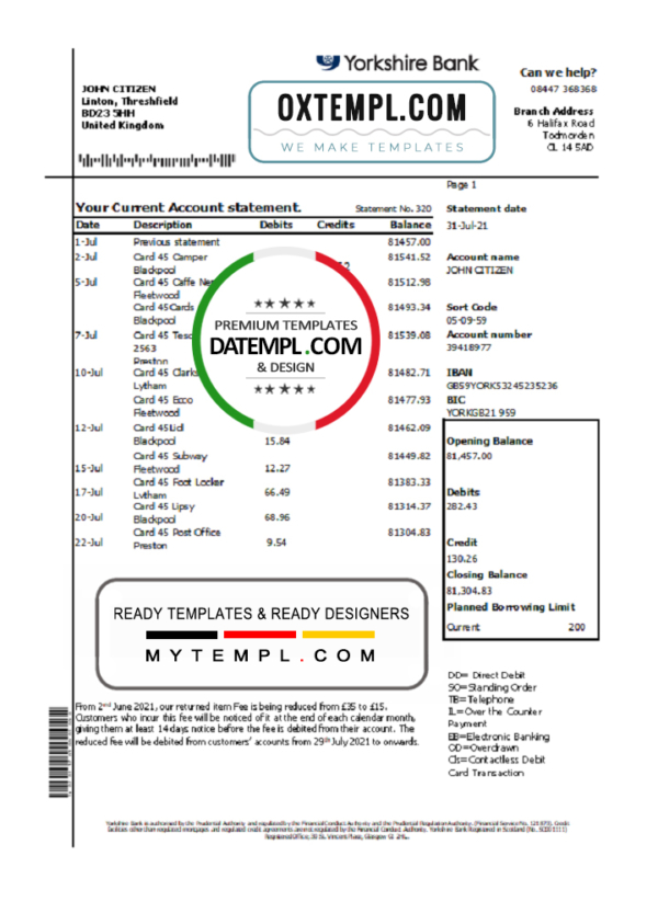 editable template, United Kingdom Yorkshire Bank statement template in Word and PDF format, good for address prove