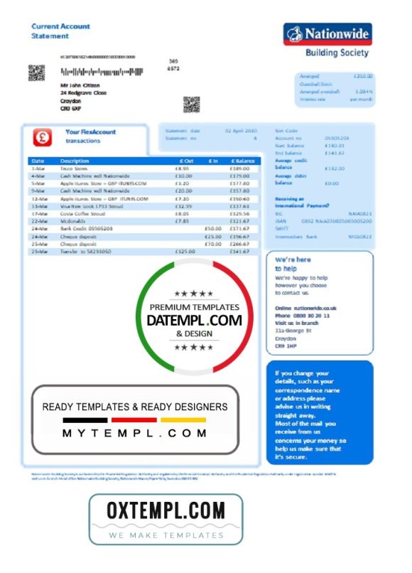editable template, United Kingdom Nationwide bank statement template in Word and PDF file format