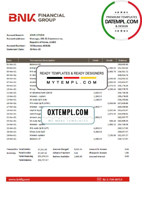 editable template, South Korea BNK bank statement template, Word and PDF format (.doc and .pdf)