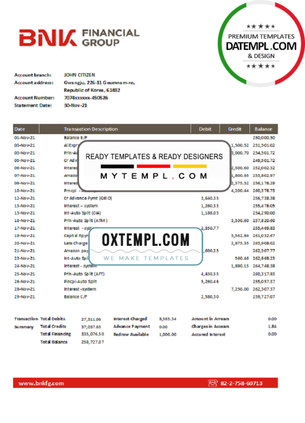 editable template, South Korea BNK bank statement template, Word and PDF format (.doc and .pdf)