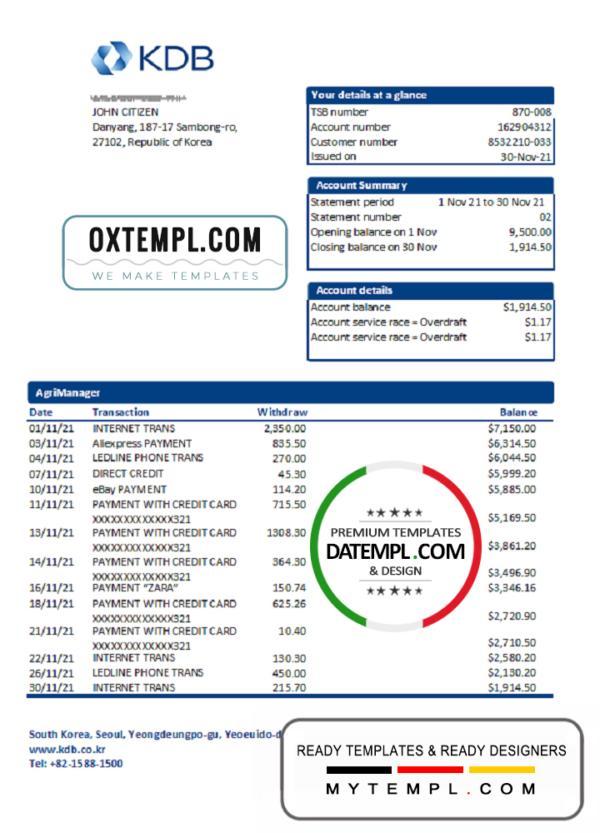 editable template, South Korea KDB bank proof of address statement template in Word and PDF format