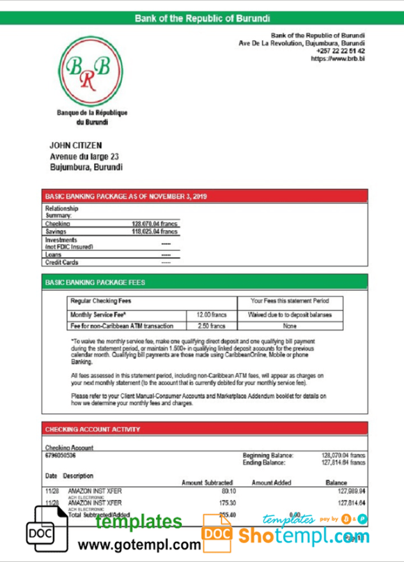 editable template, Burundi Bank of the Republic of Burundi proof of address bank statement template in Word and PDF format