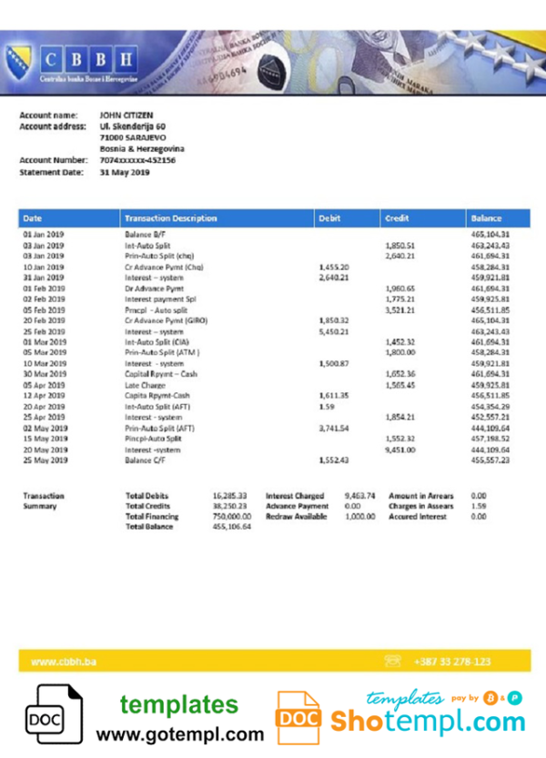 editable template, Bosnia and Herzegovina Central Bank statement template, Word and PDF format (.doc .pdf)