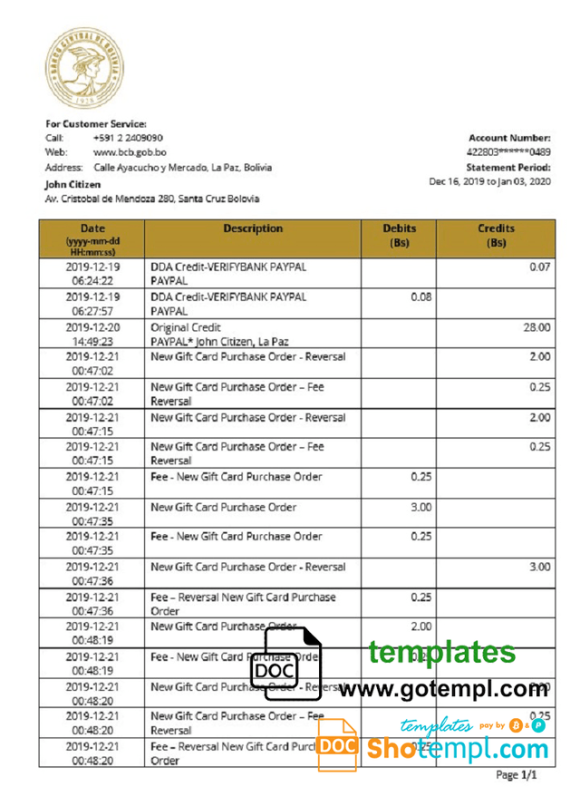 editable template, Bolivia Banco Central de Bolivia proof of address bank statement template in Word and PDF format