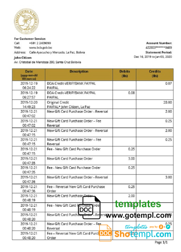 editable template, Bolivia Banco Central de Bolivia proof of address bank statement template in Word and PDF format