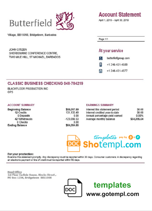 editable template, Barbados Butterfield proof of address bank statement template in Word and PDF format