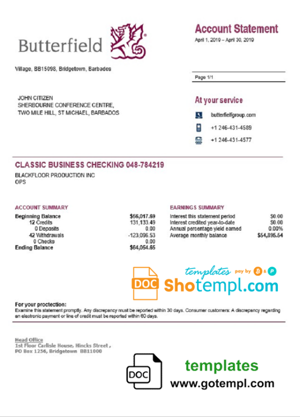 editable template, Barbados Butterfield proof of address bank statement template in Word and PDF format