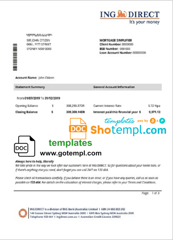 editable template, Australia ING Direct bank statement easy to fill template in Word and PDF format