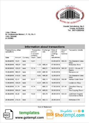 editable template, Albania Bank of Albania bank statement template in Word and PDF format