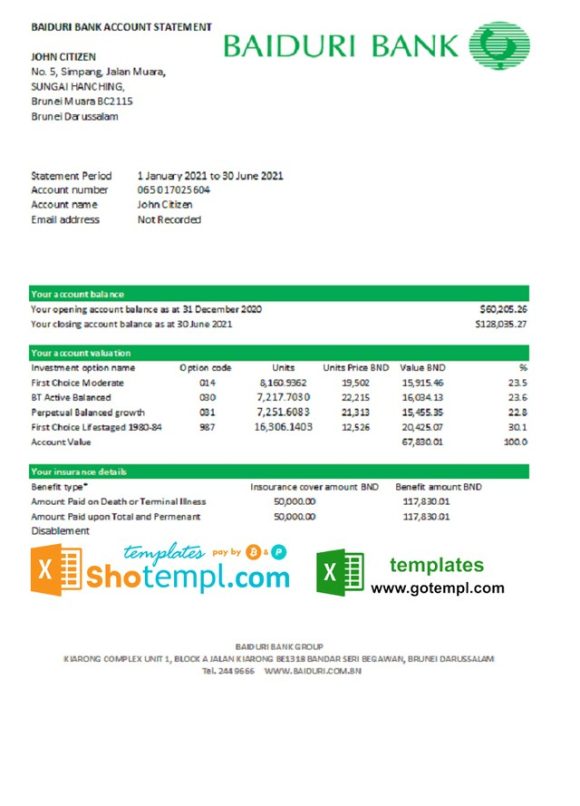 editable template, Brunei Baiduri bank statement easy to fill template in Excel and PDF format (AutoSum)