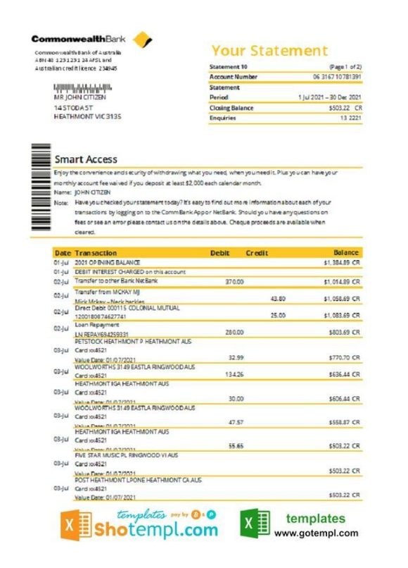 editable template, Australia Commonwealth Bank statement template in Excel and PDF format, fully editable