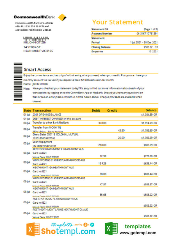 editable template, Australia Commonwealth Bank statement template in Excel and PDF format, fully editable