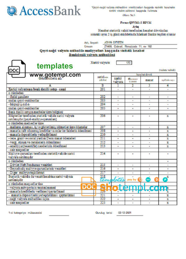editable template, Azerbaijan Access Bank (Azerbaijani language) statement template in Word and PDF format