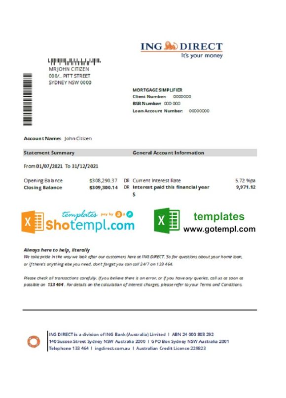 editable template, Australia ING Direct bank statement easy to fill template in Excel and PDF format