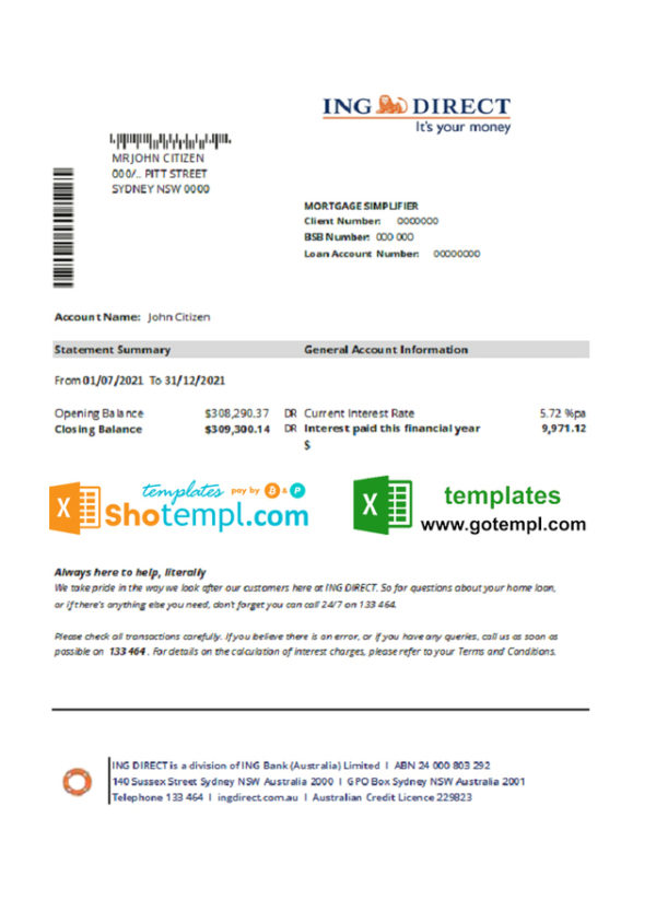 editable template, Australia ING Direct bank statement easy to fill template in Excel and PDF format