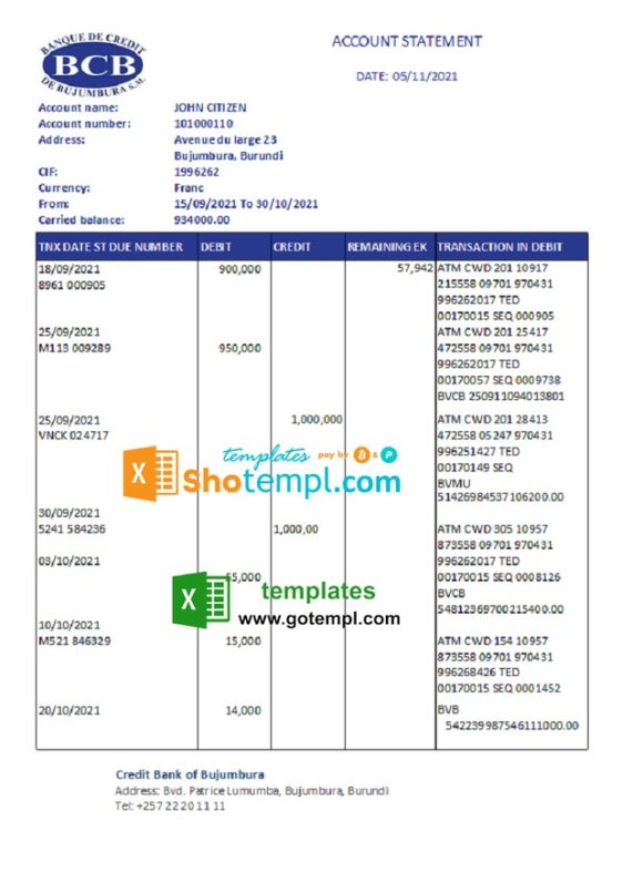 editable template, Burundi Credit Bank of Bujumbura bank statement template in .xls and .pdf file format