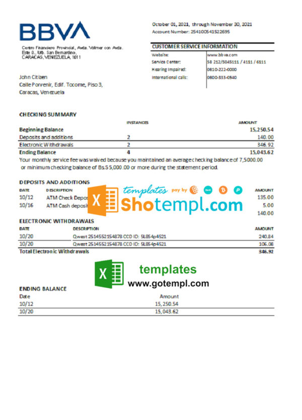 editable template, Venezuela BBVA bank reference letter template in Word and PDF format