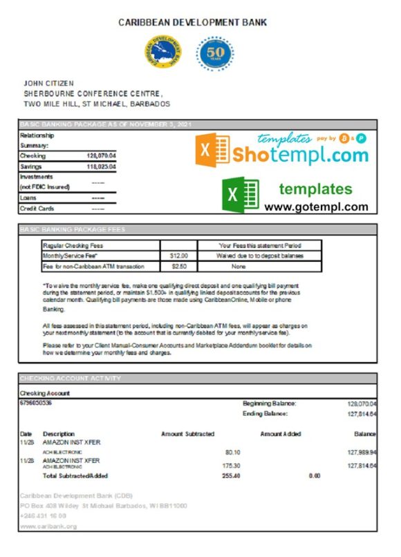 editable template, Barbados Caribbean Development bank statement easy to fill template in .xls and .pdf file format