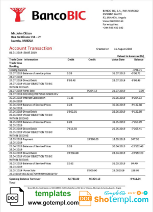 editable template, Angola Banco BIC proof of address bank statement template in Word and PDF format