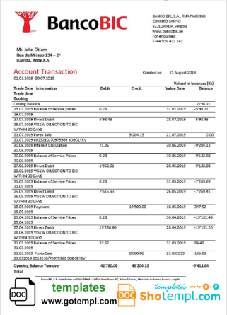editable template, Angola Banco BIC proof of address bank statement template in Word and PDF format