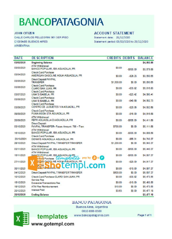 editable template, Argentina Banco Patagonia bank statement template in Excel and PDF format