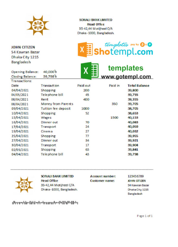 editable template, Bangladesh Sonali bank statement easy to fill template in Excel and PDF format