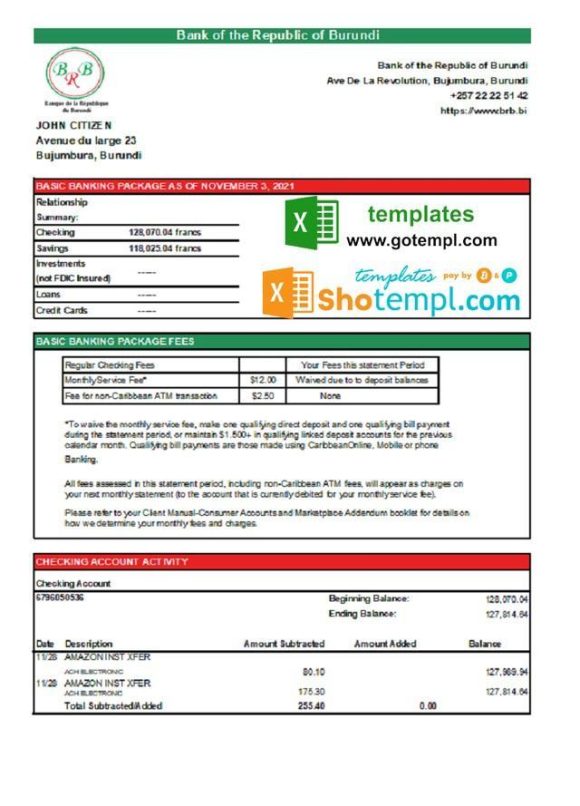 editable template, Burundi Bank of the Republic of Burundi bank statement template in Excel and PDF format