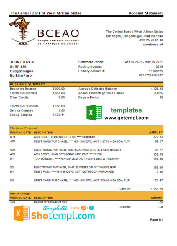 editable template, Burkina Faso The Central Bank of West African States bank statement easy to fill template in Excel and PDF format