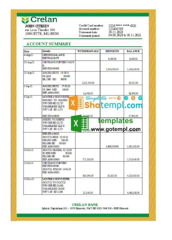 editable template, Belgium Crelan bank statement easy to fill template in Excel and PDF format