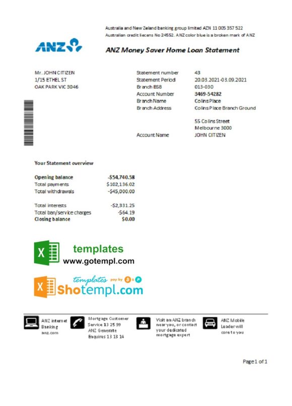 editable template, Australia ANZ proof of address bank statement template in Excel and PDF format