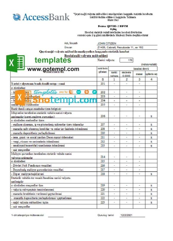 editable template, Azerbaijan Access Bank (Azerbaijani language) statement template in Excel and PDF format