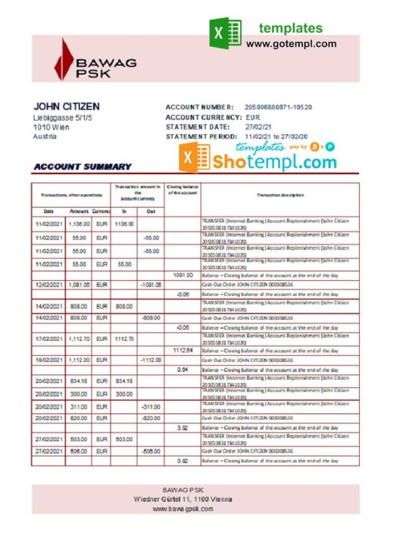 editable template, Austria BAWAG PSK bank statement easy to fill template in Excel and PDF format