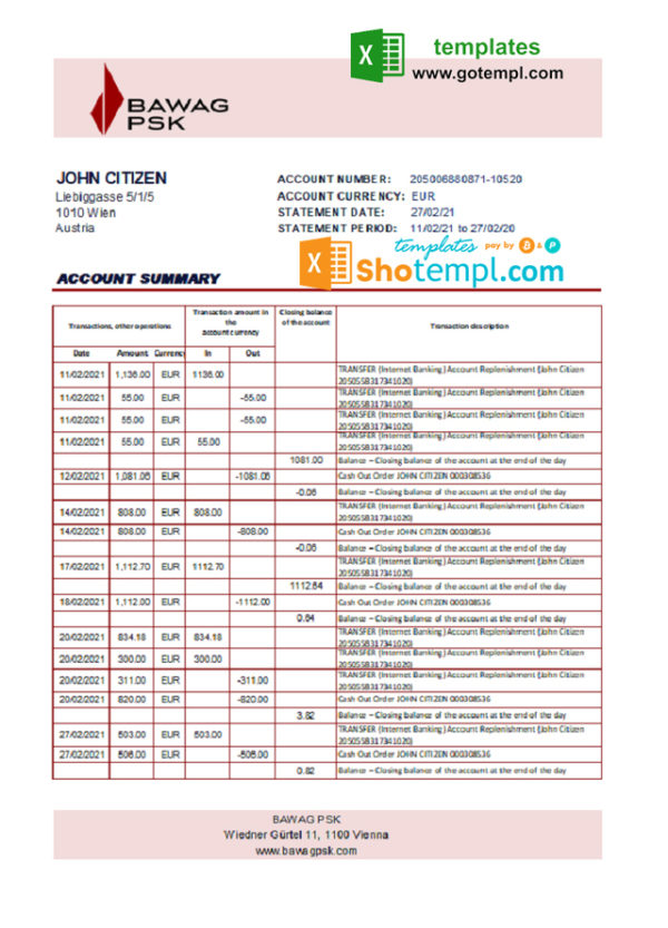 editable template, Austria BAWAG PSK bank statement easy to fill template in Excel and PDF format