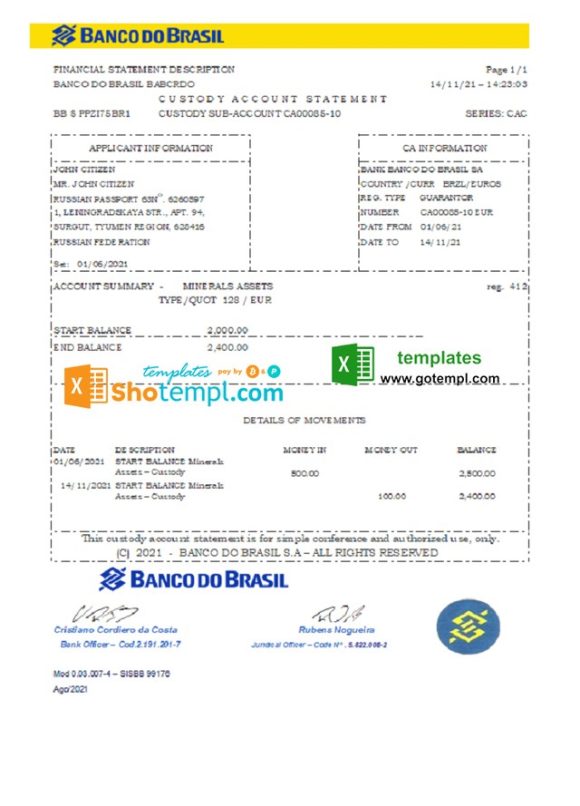 editable template, Brazil Banco do Brasil bank statement easy to fill template in Excel and PDF format