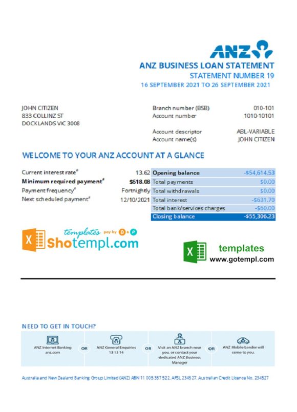 editable template, Australia ANZ proof of address bank statement template in .xls and .pdf format, fully editable