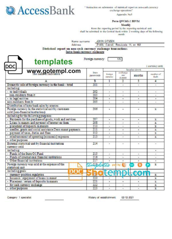 editable template, Azerbaijan Access Bank (English language) statement template in Word and PDF format