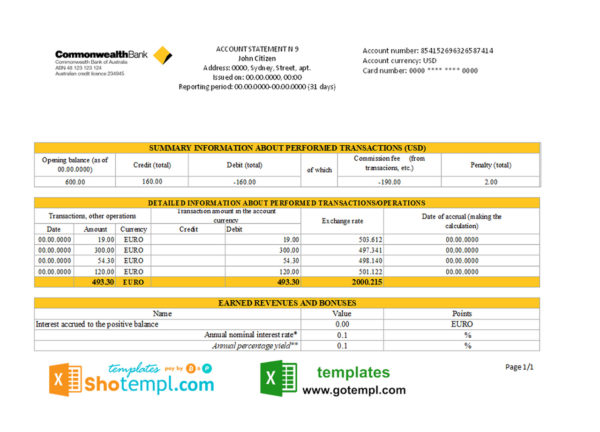 editable template, Australia Commonwealth Account Bank statement template in Excel and PDF format, fully editable