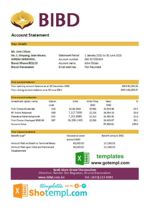 editable template, Brunei Bank Islam Brunei Darussalam bank statement easy to fill template in Excel and PDF format (AutoSum)