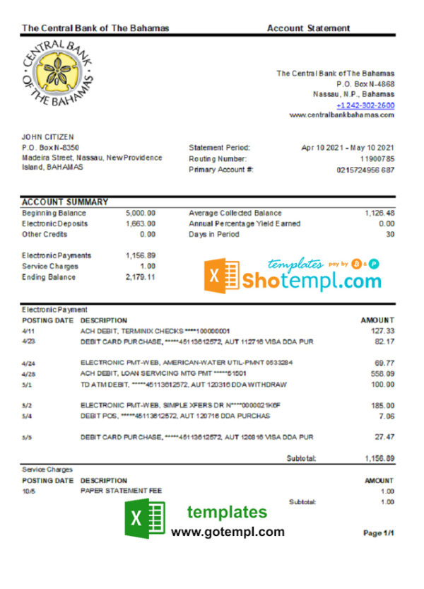 editable template, Bahamas The Central bank of the Bahamas bank statement easy to fill template in .xls and .pdf file format