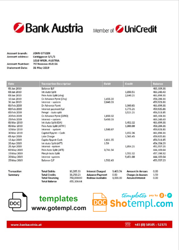 editable template, Austria Bank Austria bank statement template in Word and PDF format, .doc and .pdf format